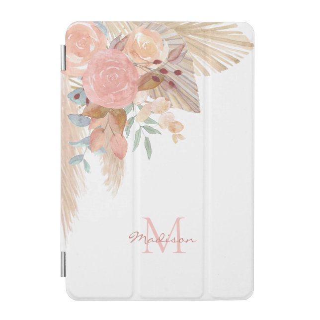 Pampas Grass Pink Floral Custom Name Monogram iPad Mini Cover (Front)