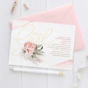 Pampas Grass Pink Floral Cute Baby Shower Real Foil Invitation