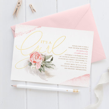 Pampas Grass Pink Floral Cute Baby Shower Real Foil Invitation by lovelywow at Zazzle