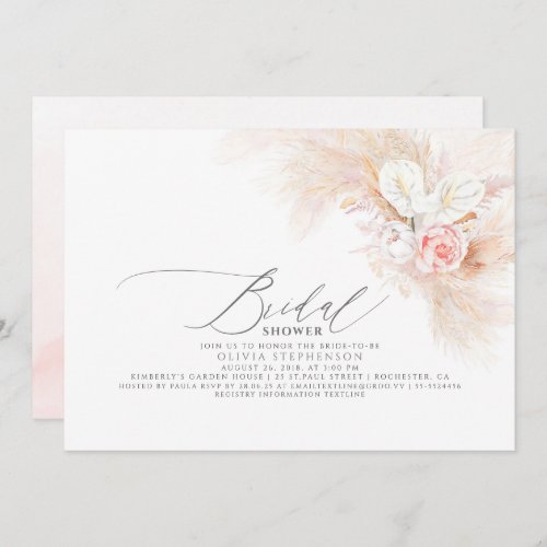 Pampas Grass Pink Floral Exotic Bridal Shower Invitation