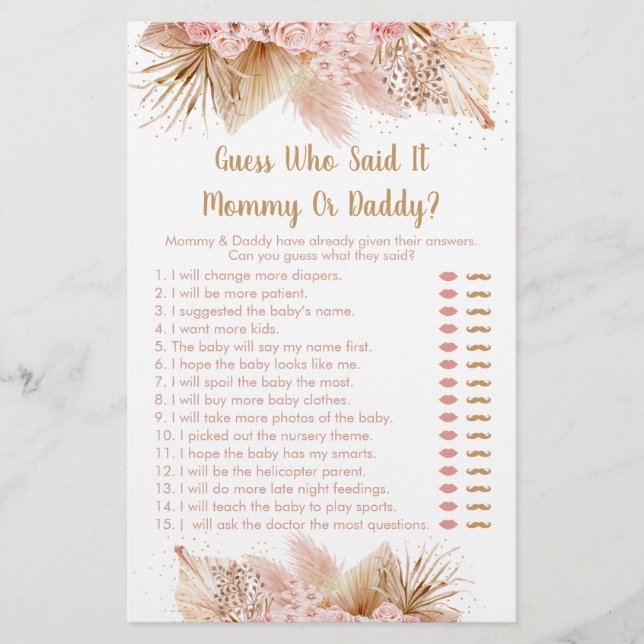 Pampas Grass Pink Floral Guess Who Said It Game (Front)