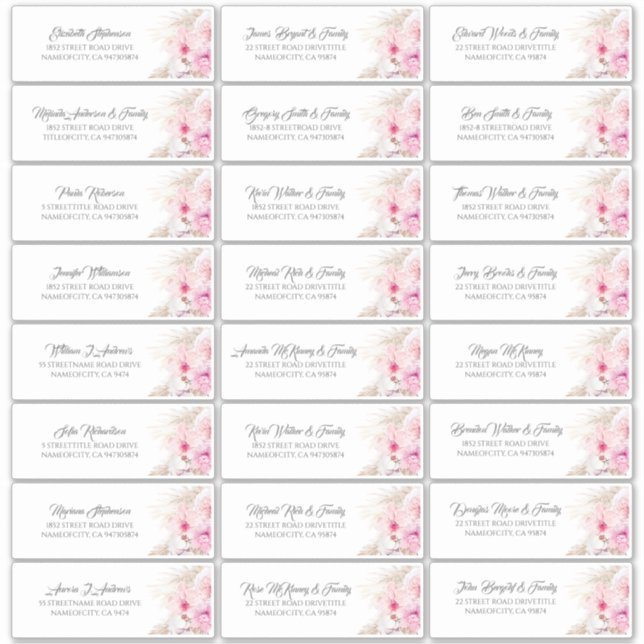 Pampas Grass Pink Floral Guest Name Address Labels (Front)
