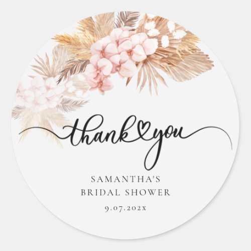 Pampas Grass Pink Floral Hand_Lettered Thank You Classic Round Sticker