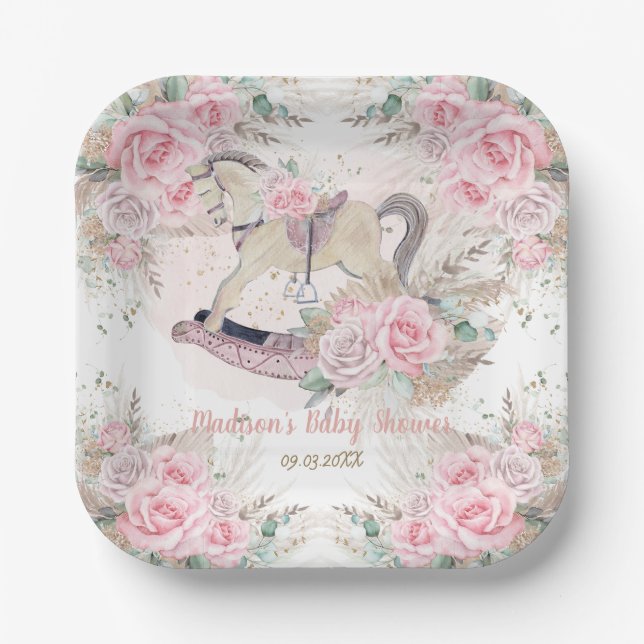 Pampas Grass Pink Floral Rocking Horse Baby Shower Paper Plates (Front)