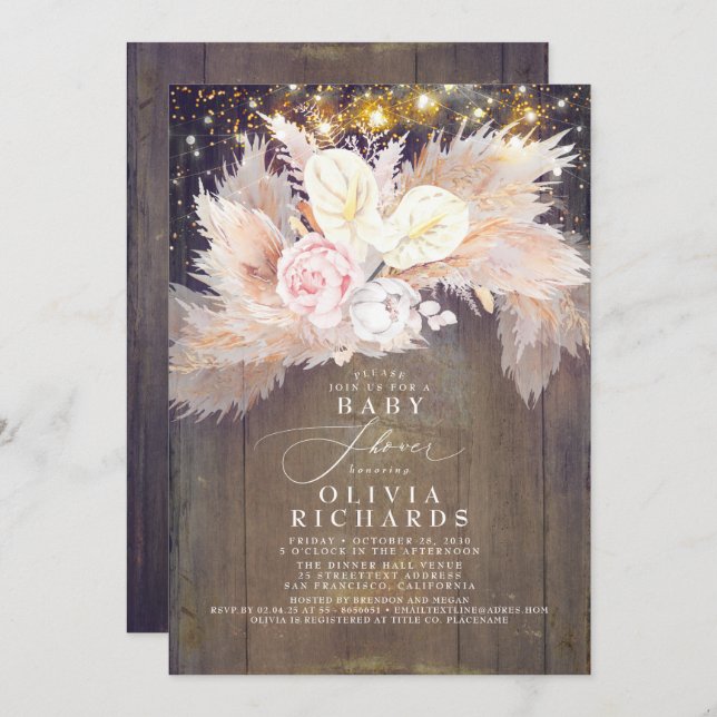 Pampas Grass Pink Floral Rustic Baby Shower Invitation (Front/Back)