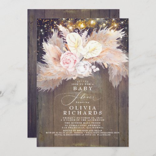 Pampas Grass Pink Floral Rustic Baby Shower Invitation