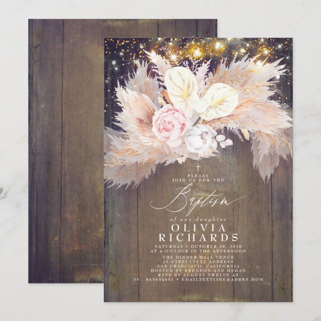 Pampas Grass Pink Floral Rustic Baptism Invitation (Front/Back)