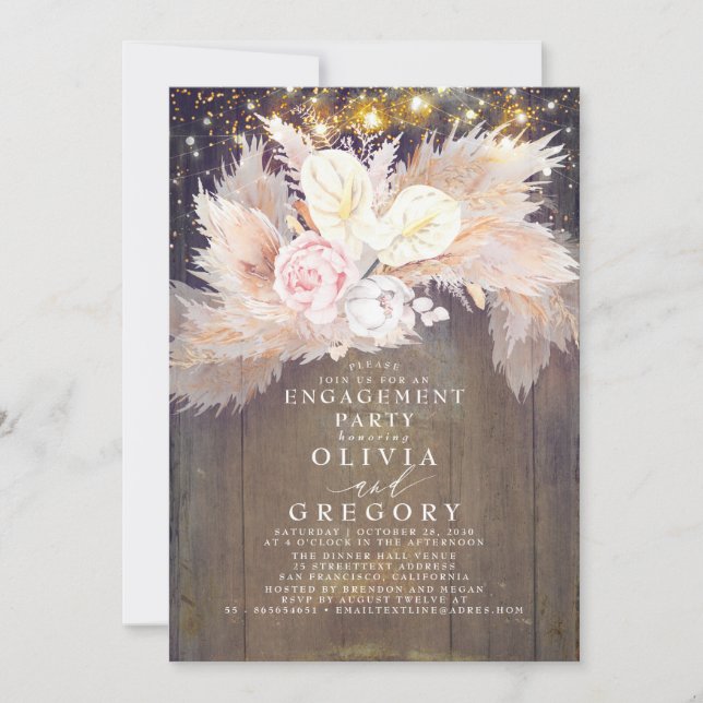 Pampas Grass Pink Floral Rustic Engagement Party Invitation (Front)