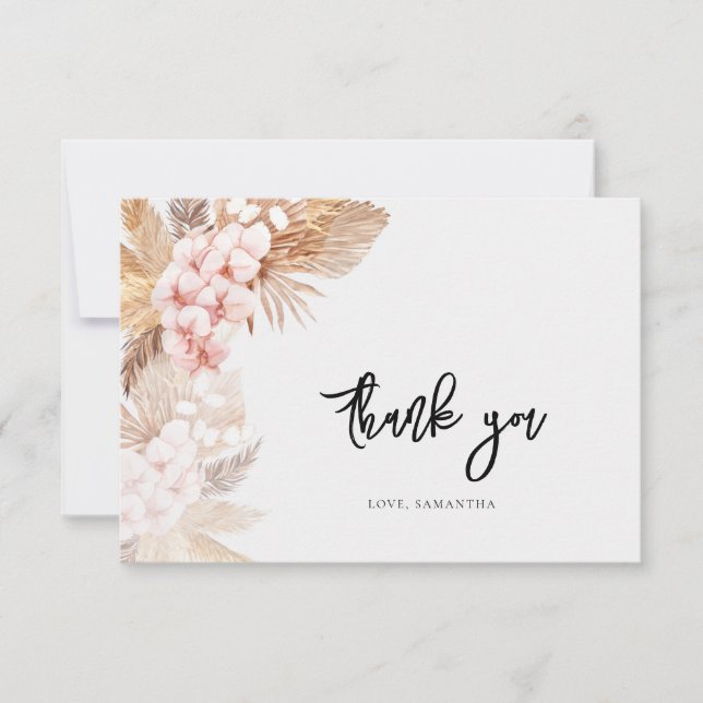 Pampas Grass Pink Floral Script Bridal Shower Thank You Card (Front)
