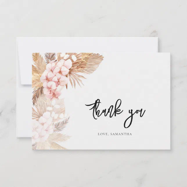 Pampas Grass Pink Floral Script Bridal Shower Thank You Card | Zazzle