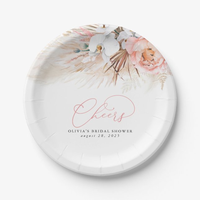Pampas Grass Pink Flowers Cheers Tropical Paper Plates (Front)