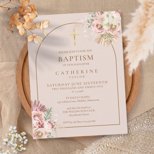 Pampas Grass Pink Gold Arch Baptism Christening  Invitation Postcard