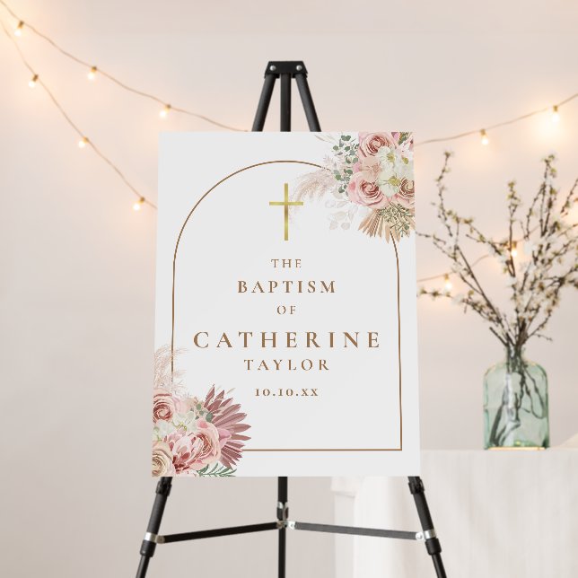 Pampas Grass Pink Gold Arch Baptism Sign (In Situ (Stand))