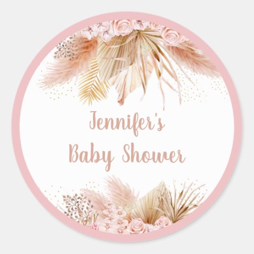 Pampas Grass Pink Gold Floral Baby Shower Classic Round Sticker