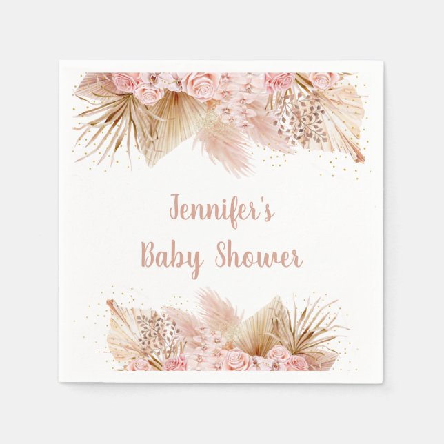 Pampas Grass Pink Gold Floral Baby Shower Napkins (Front)