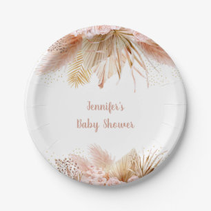 Pampas Grass Pink Gold Floral Baby Shower Paper Plates