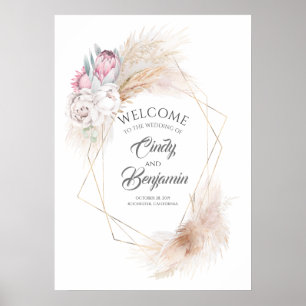 Pampas Grass Pink King Protea Chic Wedding Welcome Poster