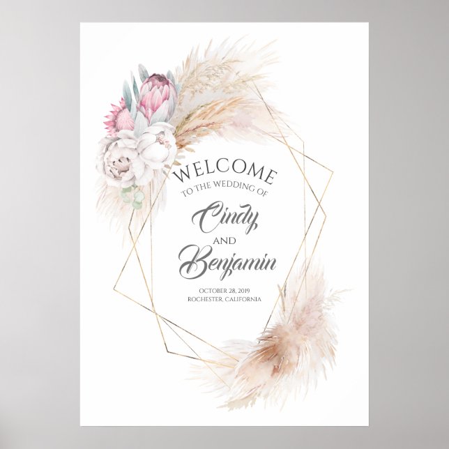 Pampas Grass Pink King Protea Chic Wedding Welcome Poster (Front)