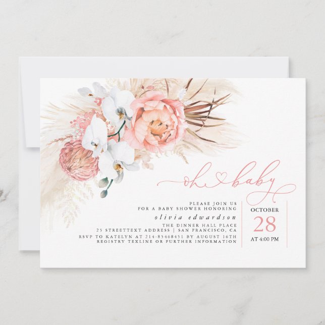 Pampas Grass Pink Oh Girl Baby Shower Invitation (Front)
