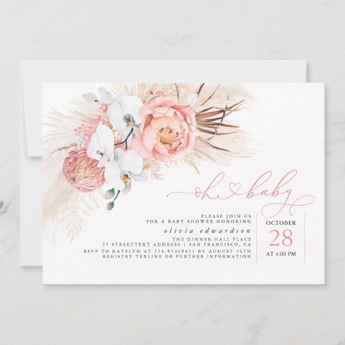 Pampas Grass Pink Oh Girl Baby Shower Invitation