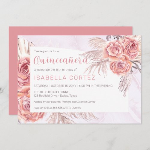 Pampas Grass Pink Rose Blooms 15th Quinceaera In Invitation
