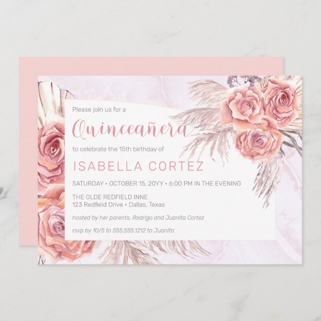 Pampas Grass |Pink Rose Blooms 15th Quinceañera In Invitation (Front/Back)