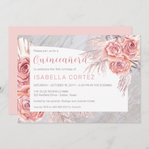 Pampas Grass Pink Rose Blooms 15th Quinceaera In Invitation