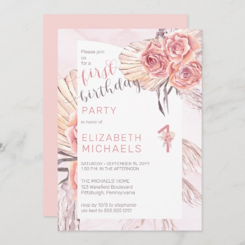 Pampas Grass Pink Rose Blooms 1st Birthday Party Invitation