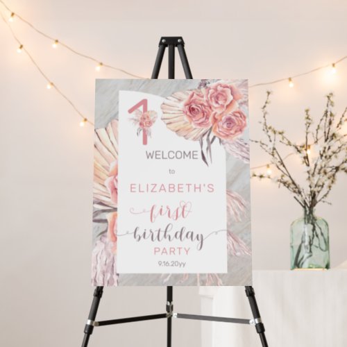 Pampas Grass Pink Rose Blooms 1st Birthday Welcome Foam Board