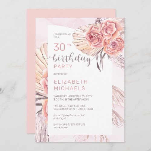Pampas Grass Pink Rose Blooms 30th Birthday Party Invitation