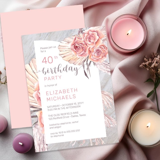 Pampas Grass & Pink Rose Blooms 40th Birthday Invitation (Pampas Grass & Pink Rose Blooms 40th Birthday Invitation - Print | Digital Download)