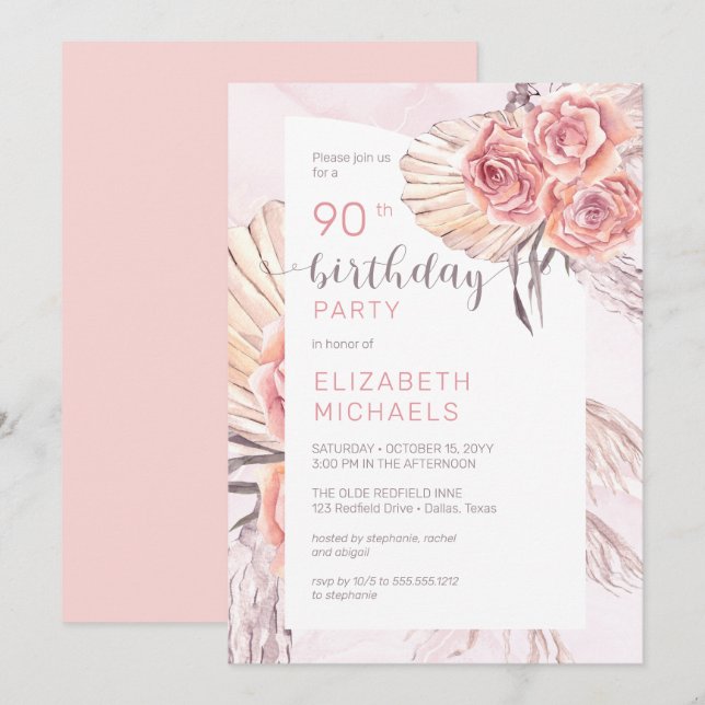Pampas Grass |Pink Rose Blooms 90th Birthday Party Invitation (Front/Back)