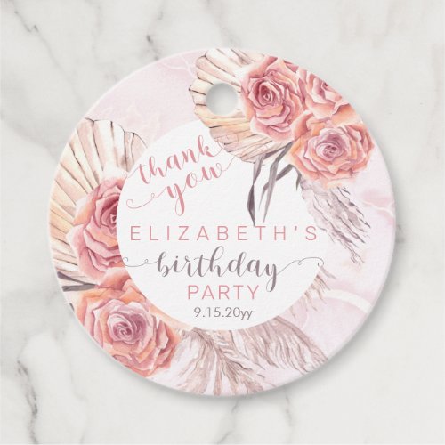 Pampas Grass Pink Rose Blooms Birthday Party Favor Tags