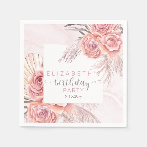 Pampas Grass Pink Rose Blooms Birthday Party Napkins