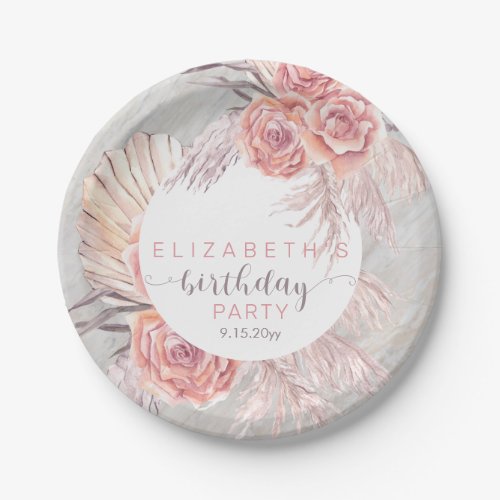 Pampas Grass Pink Rose Blooms Birthday Party  Pap Paper Plates