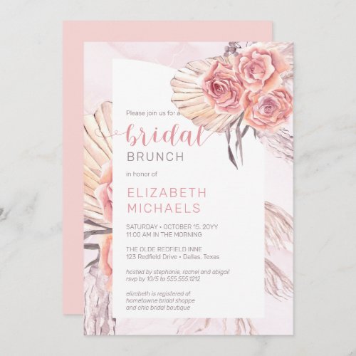 Pampas Grass  Pink Rose Blooms Bridal Brunch Invitation