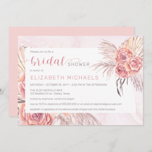 Pampas Grass  Pink Rose Blooms Bridal Shower Invitation