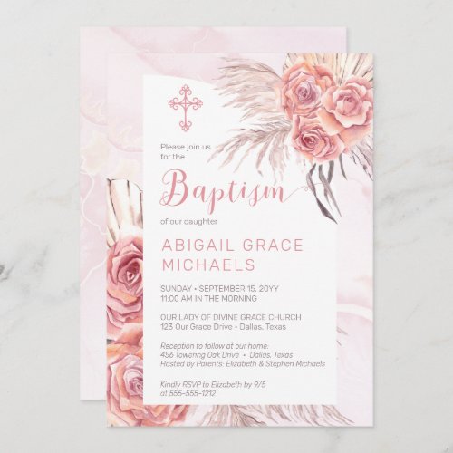 Pampas Grass Pink Rose Blooms Girl Baby Baptism Invitation