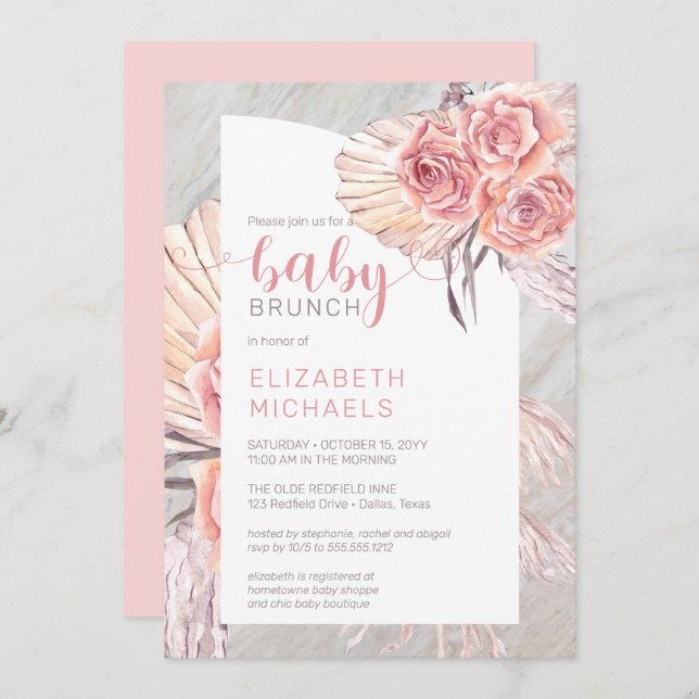 Pampas Grass |Pink Rose Blooms Girl Baby Brunch In Invitation (Front/Back)