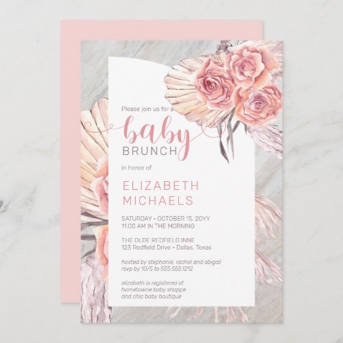 Pampas Grass Pink Rose Blooms Girl Baby Brunch In Invitation