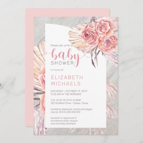 Pampas Grass Pink Rose Blooms Girl Baby Shower In Invitation