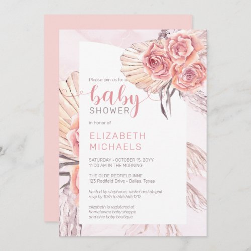 Pampas Grass Pink Rose Blooms Girl Baby Shower Invitation