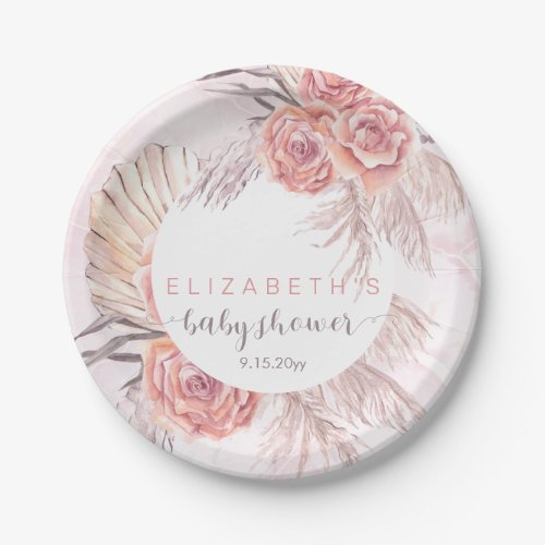 Pampas Grass Pink Rose Blooms Girl Baby Shower Paper Plates