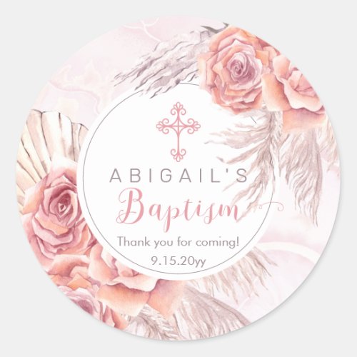 Pampas Grass Pink Rose Blooms Girl Baptism Classic Round Sticker