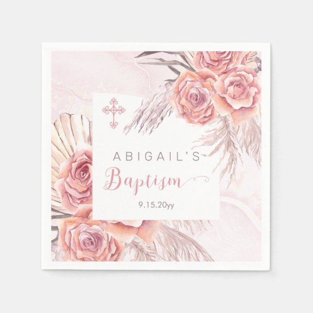 Pampas Grass |Pink Rose Blooms Girl Baptism Napkins (Front)