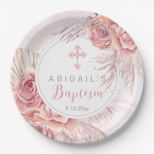 Pampas Grass Pink Rose Blooms Girl Baptism Paper Plates