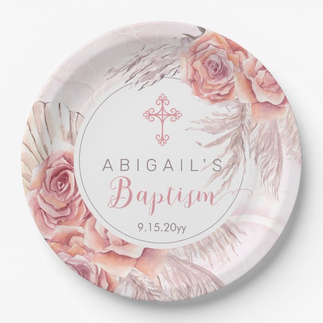 Pampas Grass |Pink Rose Blooms Girl Baptism Paper Plates (Front)
