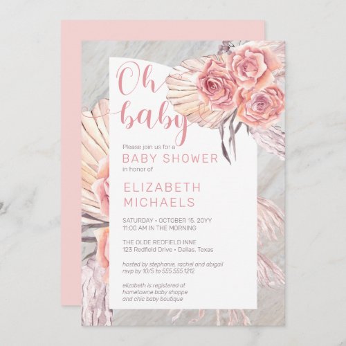 Pampas Grass Pink Rose Blooms Girl Oh Baby Shower Invitation