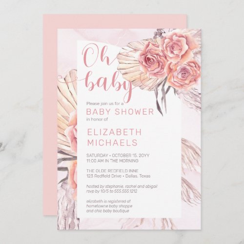 Pampas Grass Pink Rose Blooms Girl Oh Baby Shower Invitation