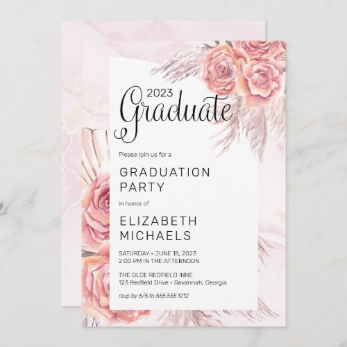 Pampas Grass  Pink Rose Blooms Graduation Party  Invitation